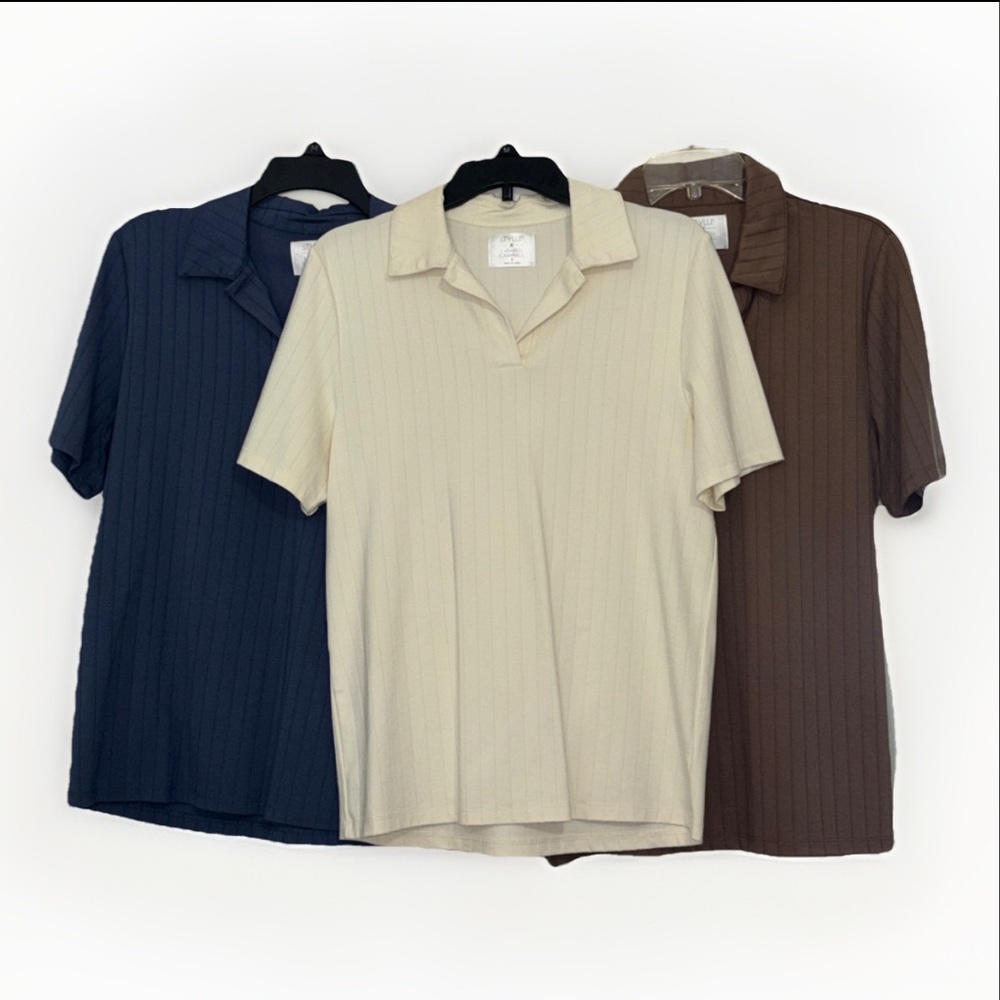 STYLUS X Ladarius Campbell Light Striped Casual Shirt Polo Blue, Cream & Brown